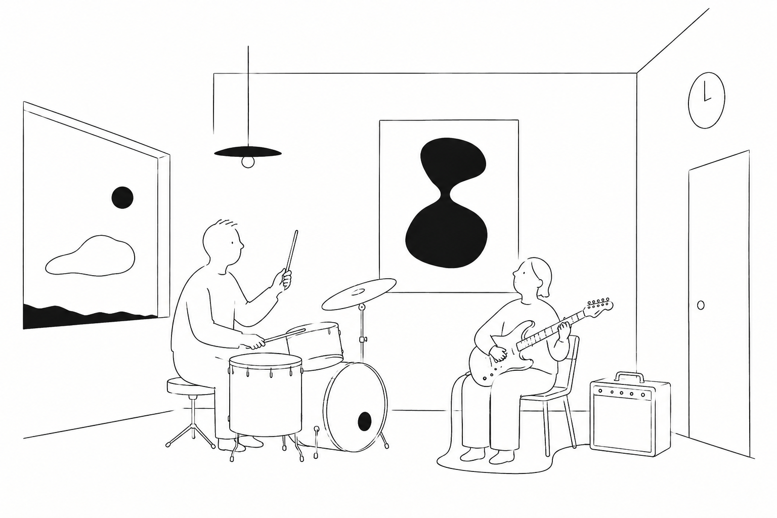 ドラムとギターのレッスン風景のイラスト
